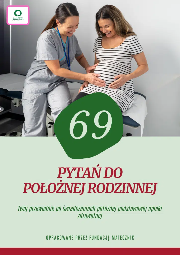Okładka ebooka. Na okładce zdjęcie kobiety w ciąży i położnej siedzącej obok i dotykającej jej brzucha oraz tekst: 69 pytań do położnej rodzinnej.